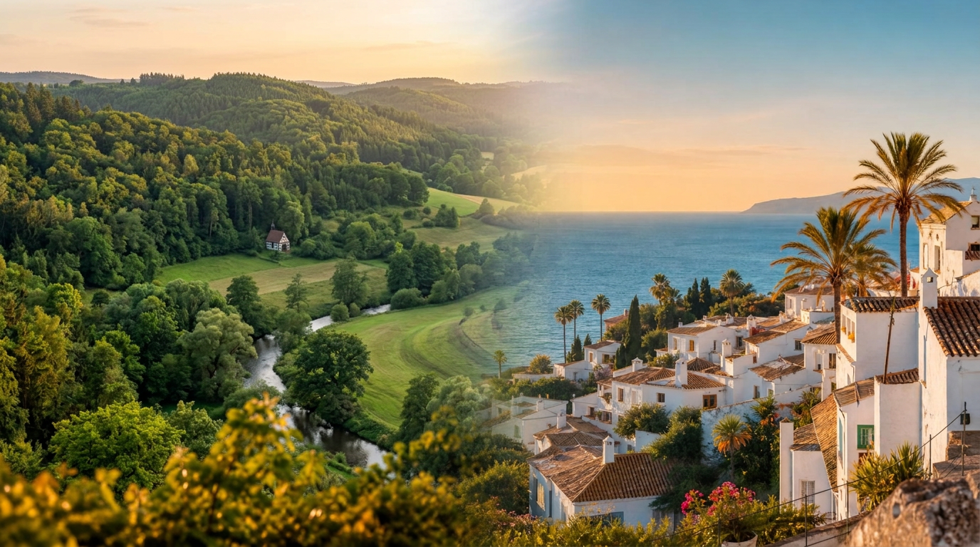 Deutschland und Spanien – Grüne Hügel und Wälder sowie andalusisches Dorf am Meer